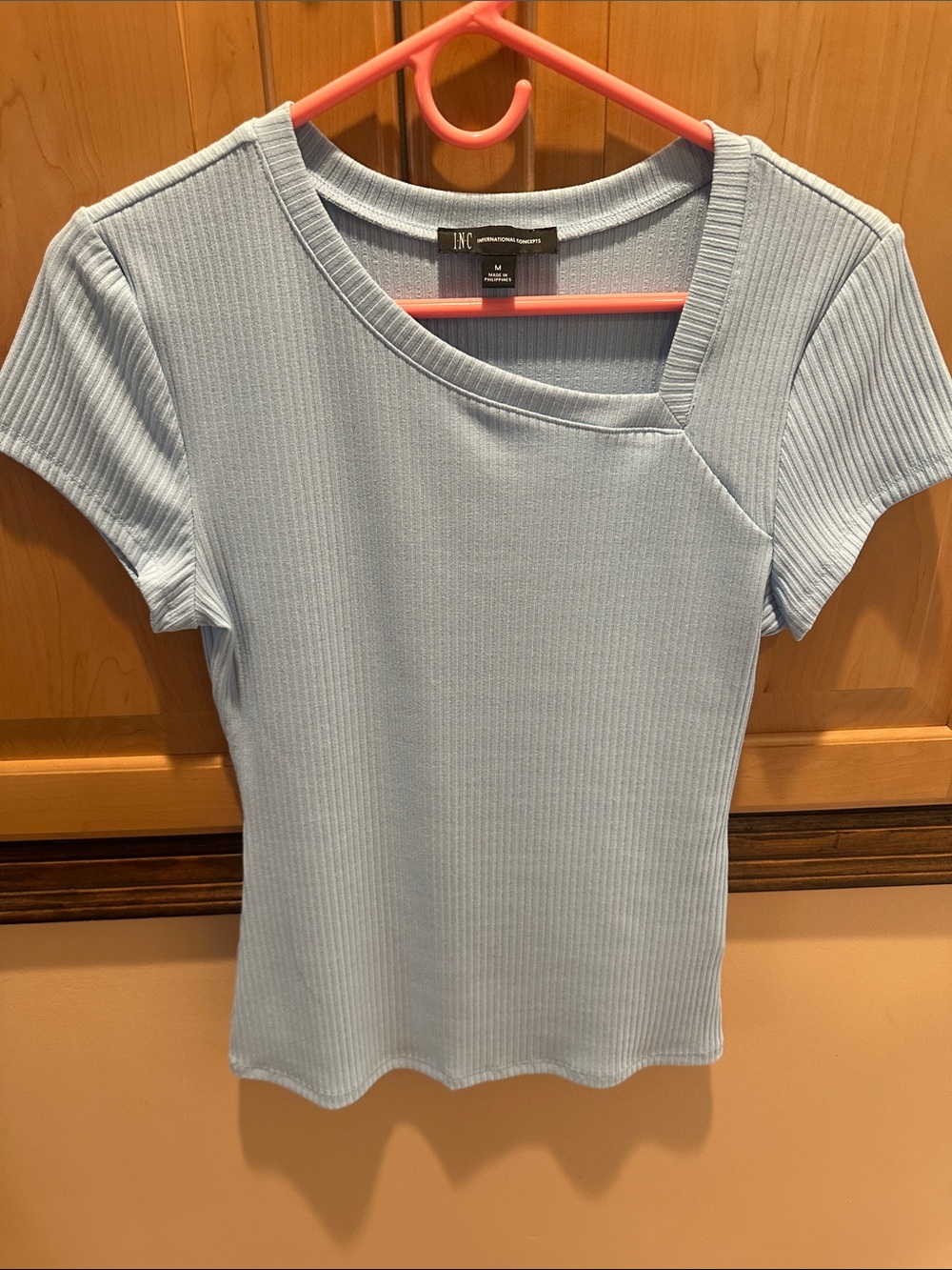 INC International Concepts Light Blue Ribbed Asymmetrical Neck Tee